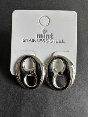 Mint Silver-Tone Oval Double-Cutout Stainless Steel Earrings